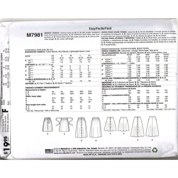 McCall's M7981 Misses L to XL Button Front Skirt Uncut Sewing Pattern New - Picture 2 of 2